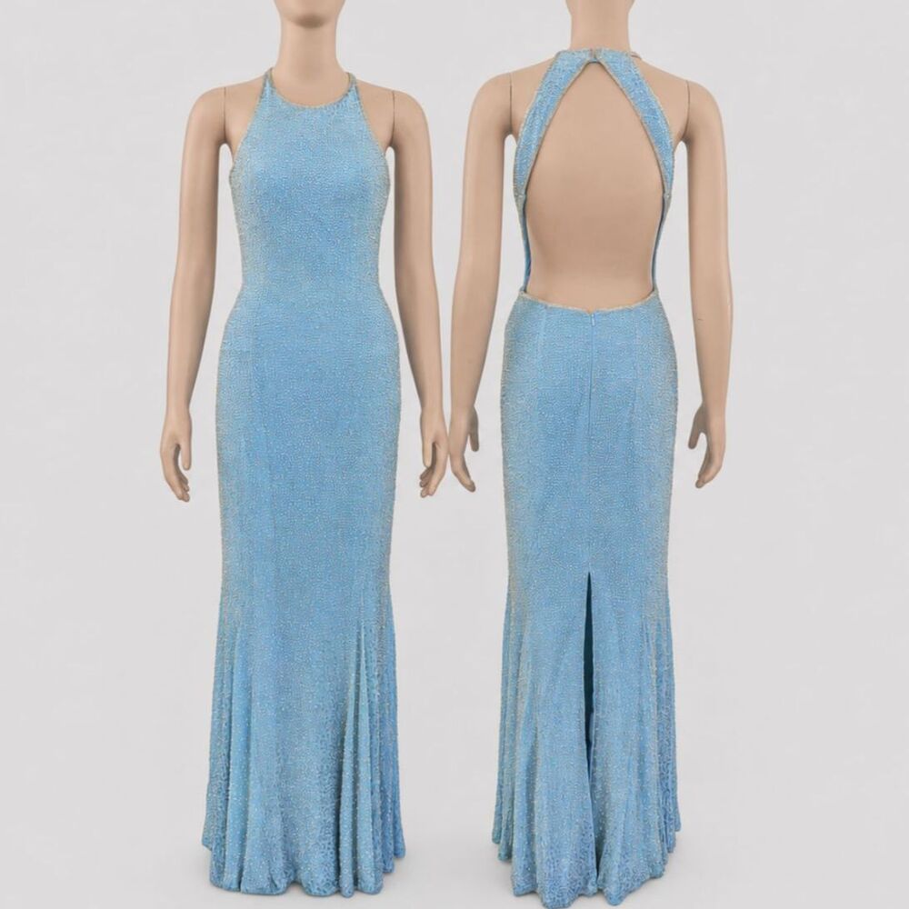 Vintage Cache Silk Beaded Halter Gown Size Small